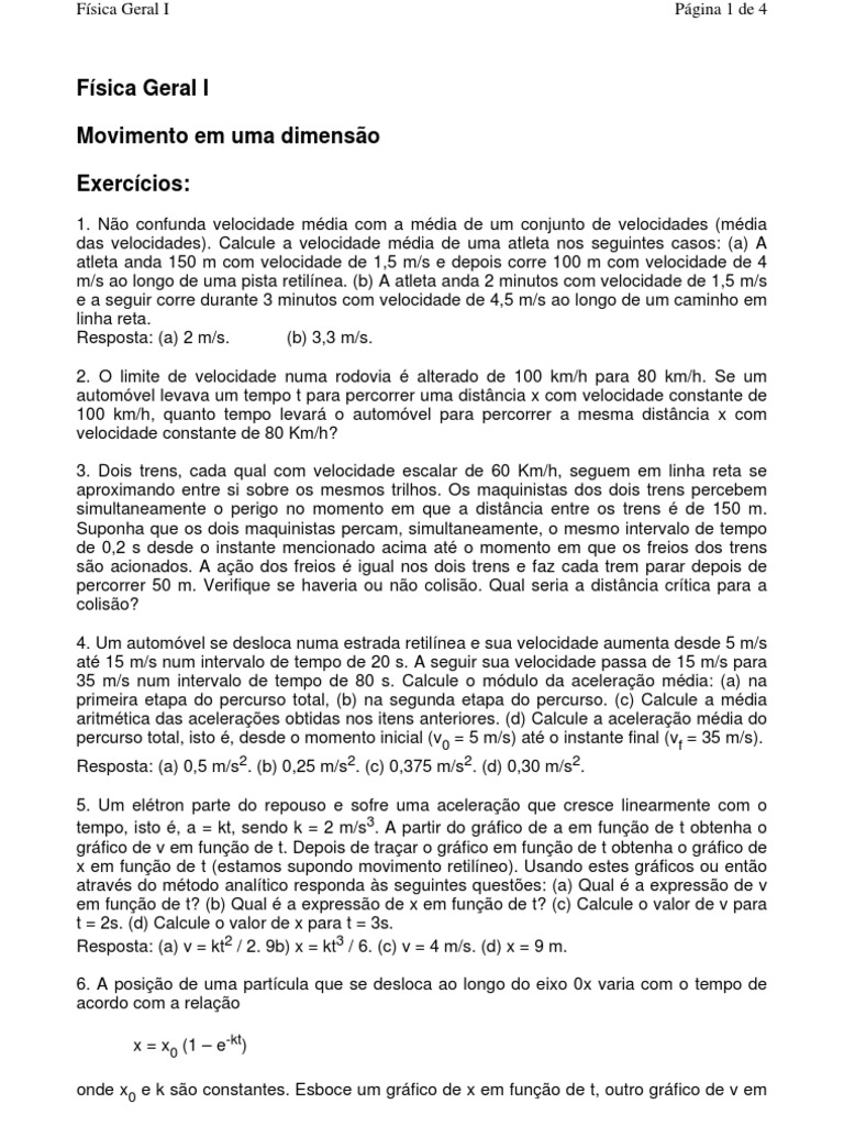 Exercícios de Movimento em Uma Dimensão | PDF | Velocidade | Tempo