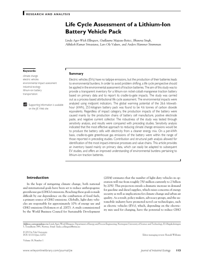 Life Cycle Assessment of A Lithium-Ion Battery Vehicle Pack PDF | PDF ...