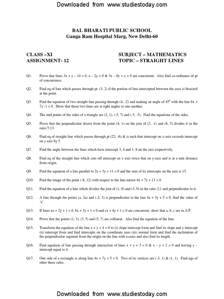 Class 11 Maths: Straight Lines Worksheet | PDF | Line (Geometry ...