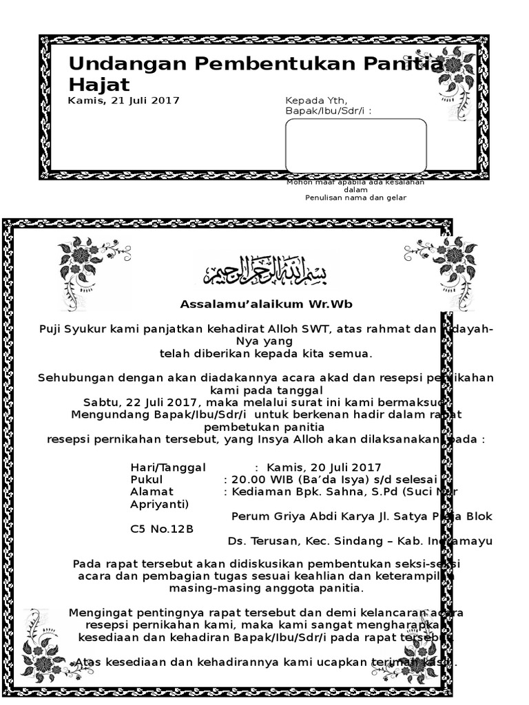 Contoh Surat Undangan Rapat Panitia Pernikahan Doc