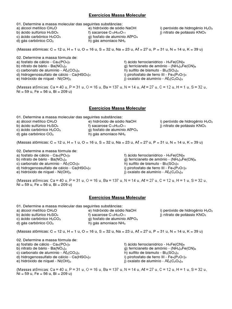 Exercicios Massa Molecular Acido Sulfurico Calcio