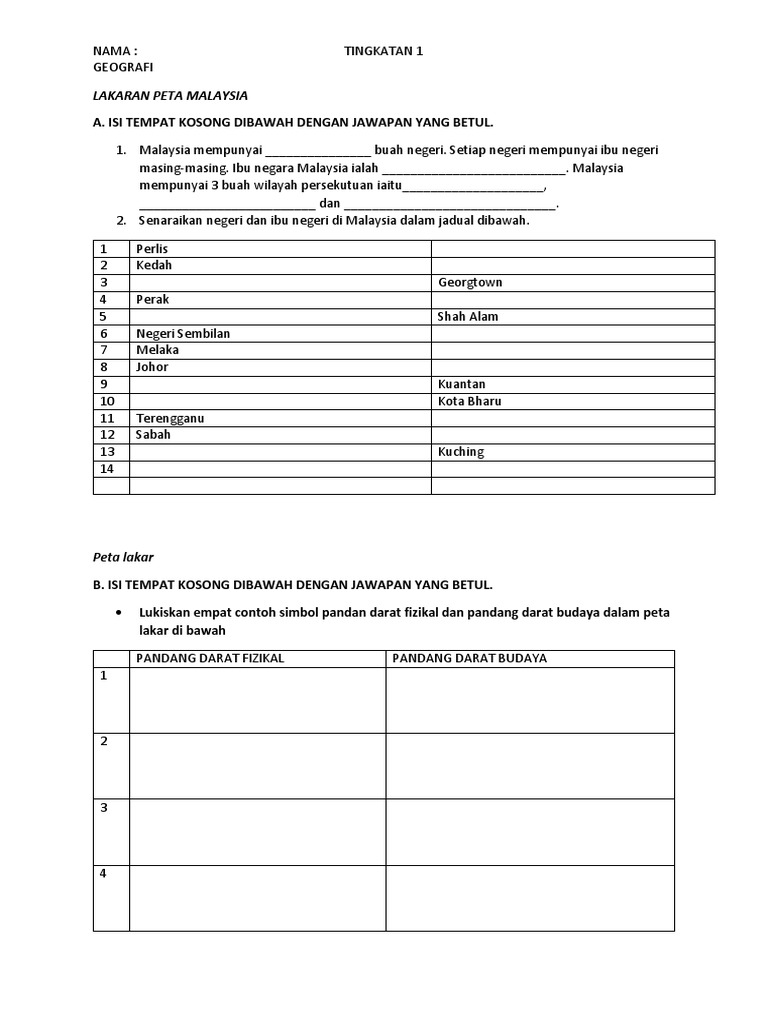 Latihan Bab 4 Lakaran Peta Malaysia Dan Bab Bumi Geografi Tingkatan 1 2019
