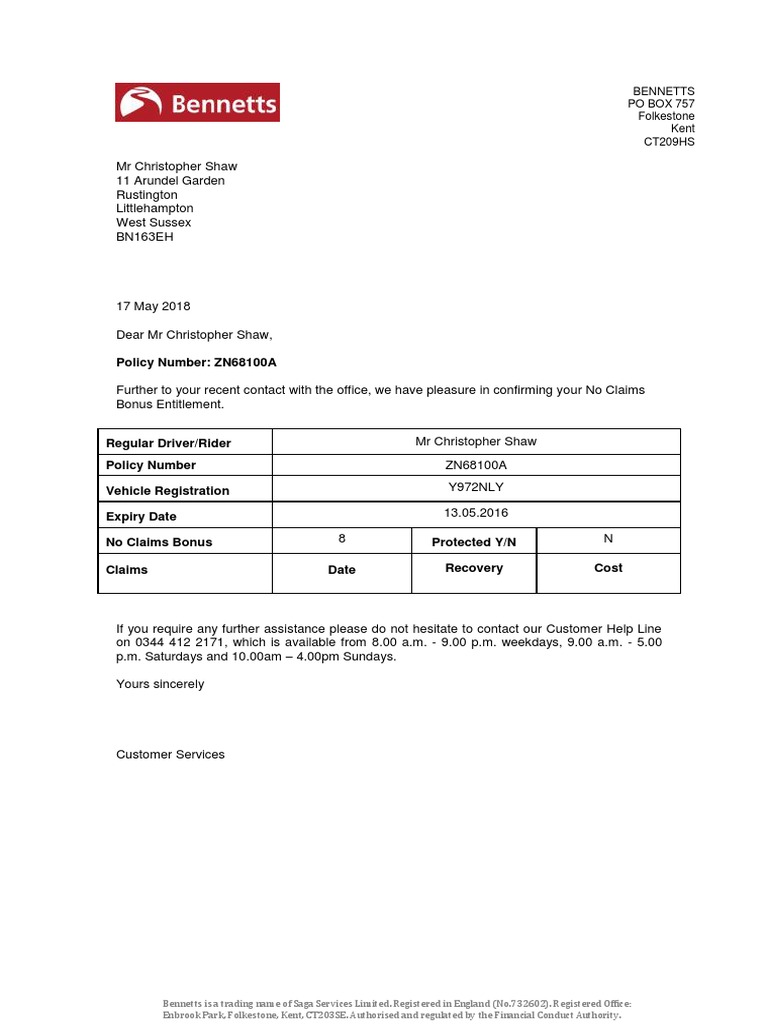 No Claims Bonus Confirmation | PDF