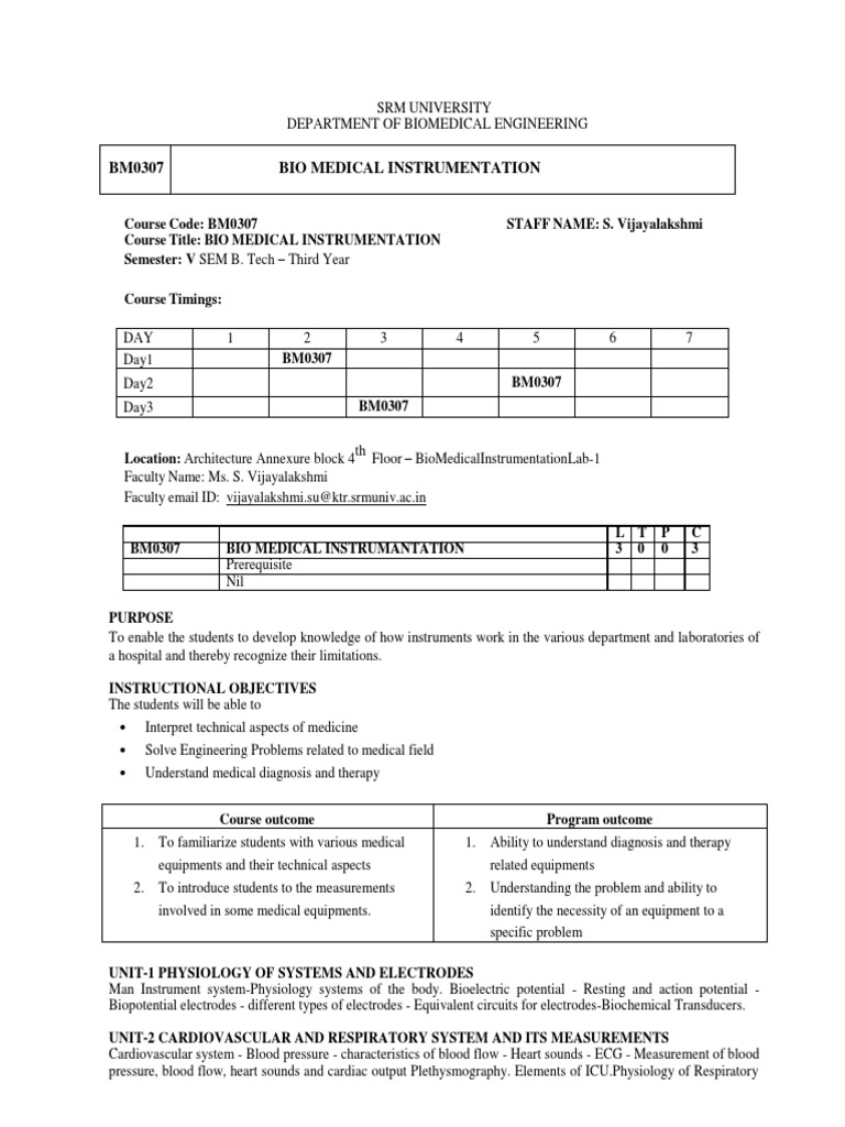 Biomedical Instrumentation Course Syllabus | PDF | Nervous System | Heart