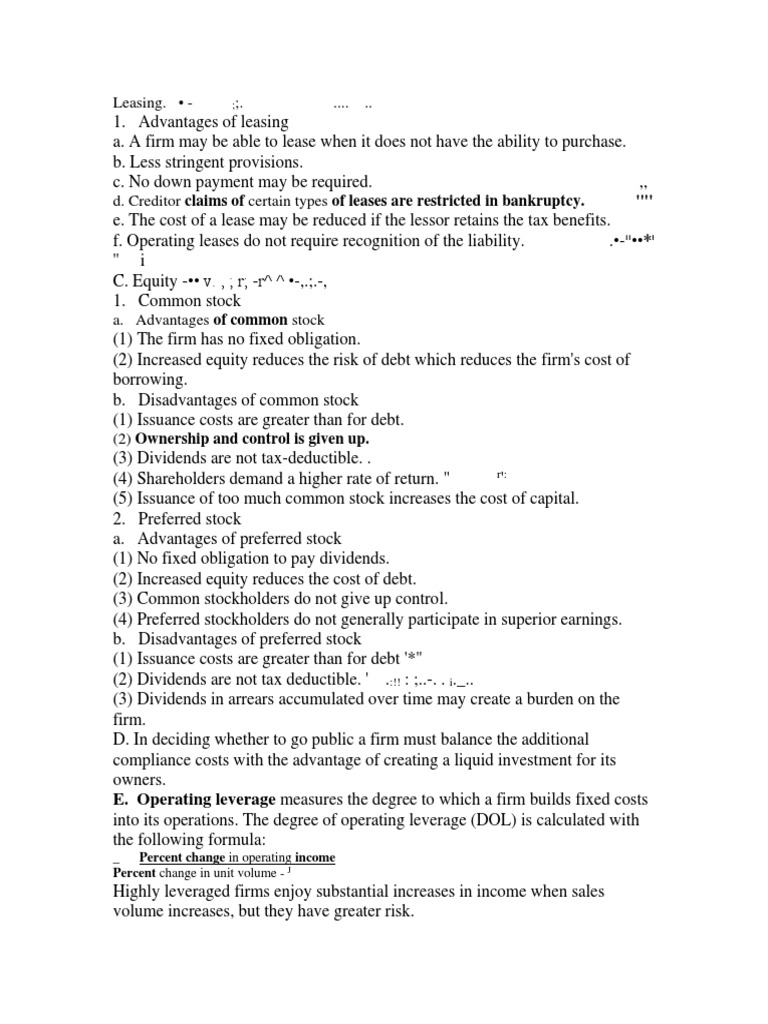 Advantages and Disadvantages of Leasing and Equity | PDF | Finance ...
