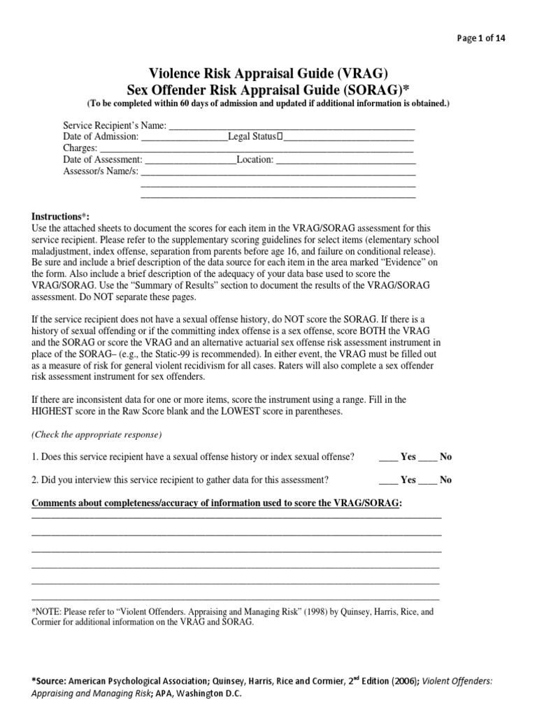 Violence Risk Appraisal Guide (VRAG) Sex Offender Risk Appraisal Guide ...