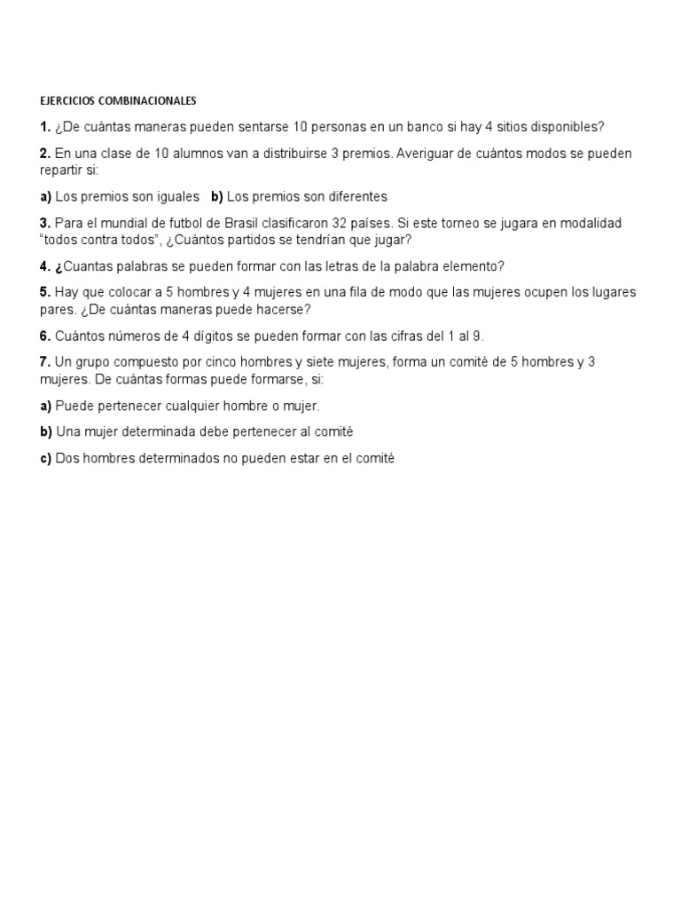 Ejercicios de Combinatoria y Permutaciones | PDF | Deportes | Ocio