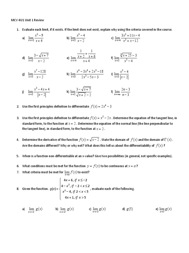 MCV4U1 Unit 1 Calculus Review | PDF | Continuous Function | Function ...