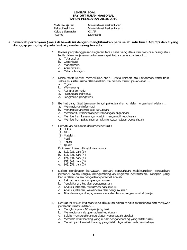 Try Out Un Adm Perkantoran 2019 Pdf