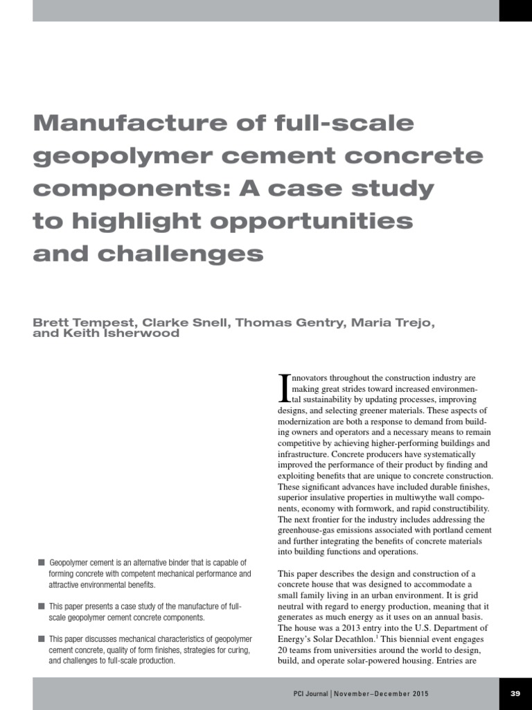 Manufacture of Full-Scale Geopolymer Cement Concrete Components PDF ...
