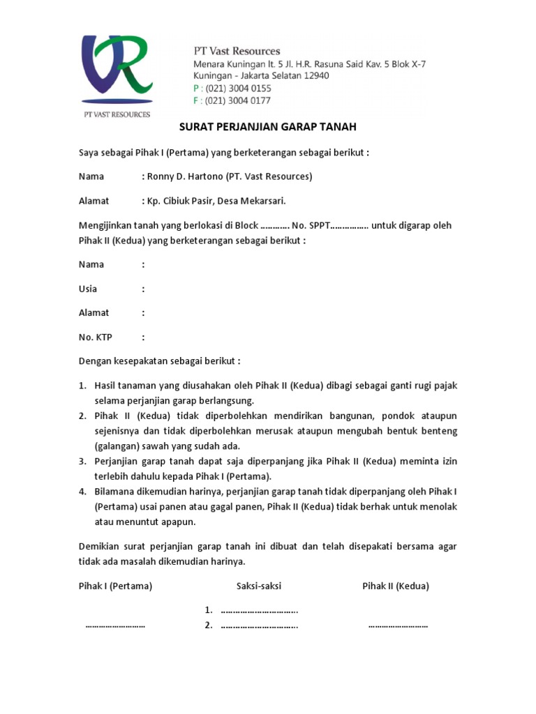 Surat Perjanjian Garap Tanah Pdf