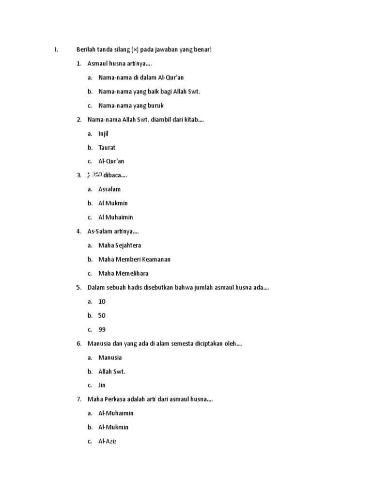 Soal Uas1 Aqidah Kelas 2