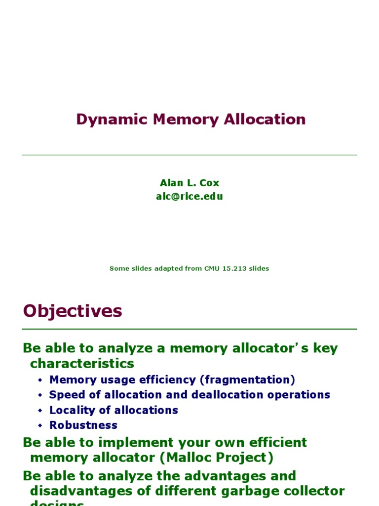 Dynamic Memory Allocation: Alan L. Cox Alc@rice - Edu | PDF | Pointer ...