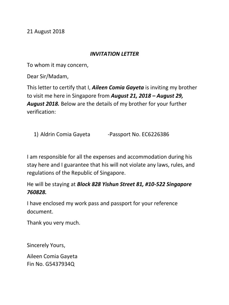 Invitation Letter for Brother's Visit to Singapore | PDF