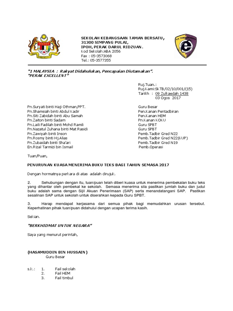 Contoh Surat Penurunan Kuasa Spbt