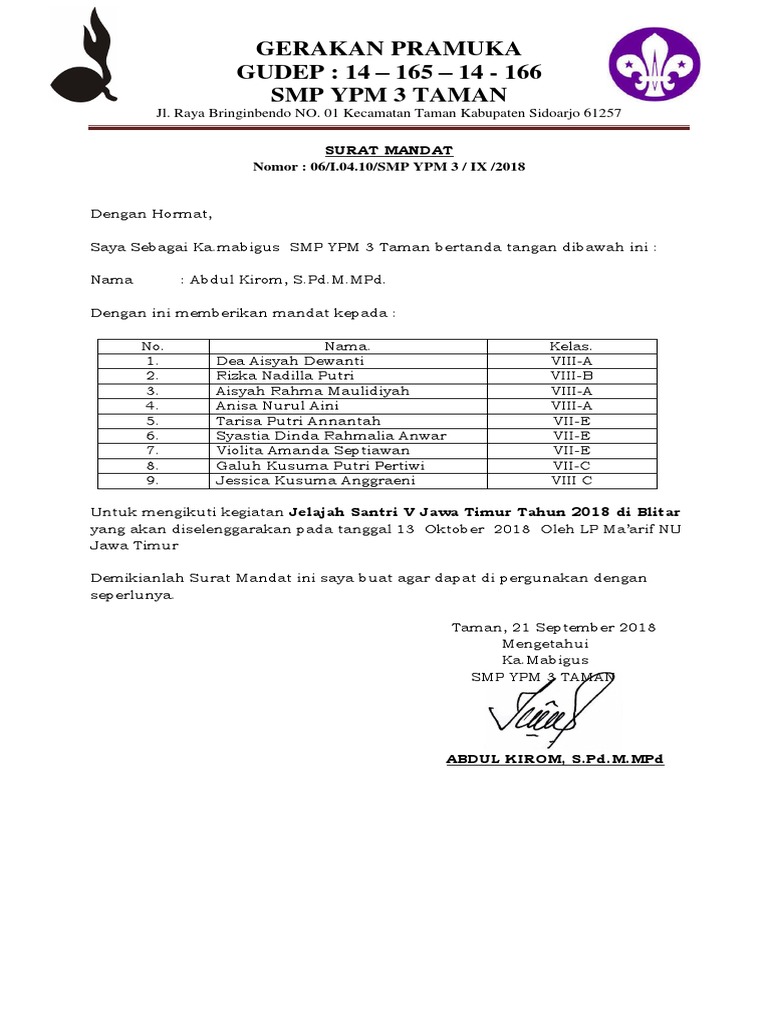 Surat Mandat Gudep Jelajah Santri V Jatim Smp Ypm 3 Taman