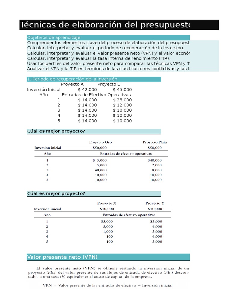 Técnicas de Elaboración Del Presupuesto de Capital | PDF | Valor ...