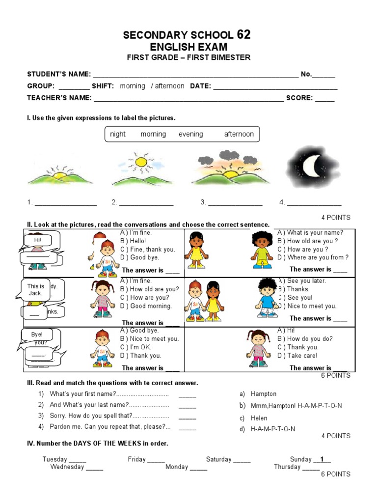 Examen de Ingles primer grado bloque I Schools