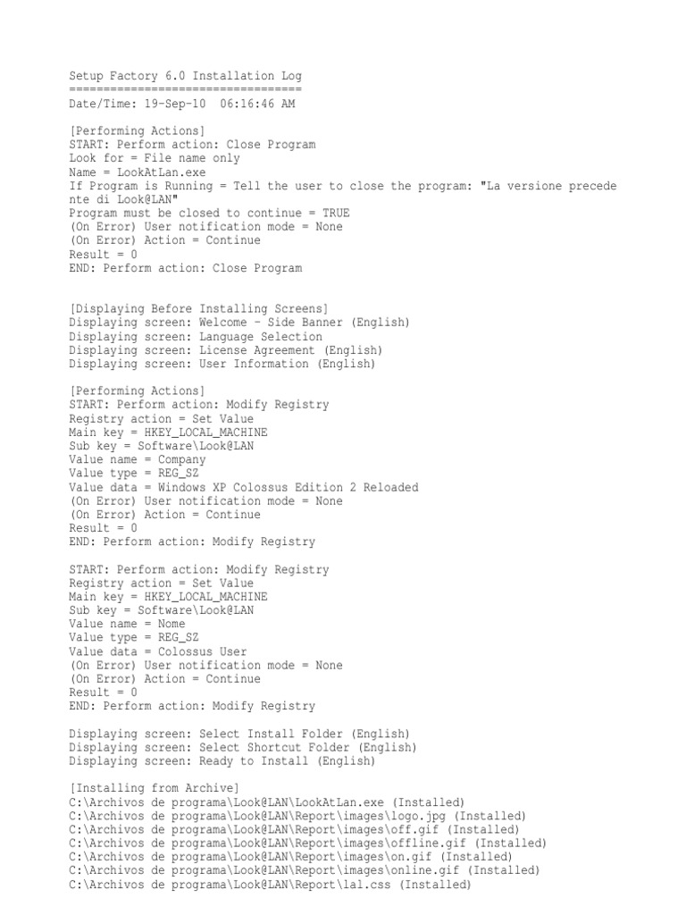 Look@LAN Installation Log | PDF | Windows Registry | Computer Architecture