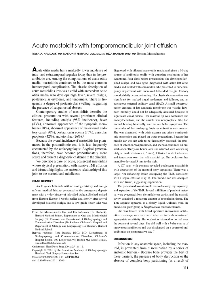 Acute Mastoiditis With Temporomandibular Joint Effusion | PDF