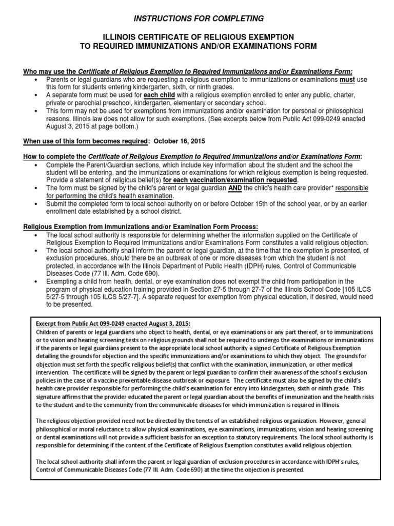Religious Exemption Form 081815 040816 | PDF | Legal Guardian 