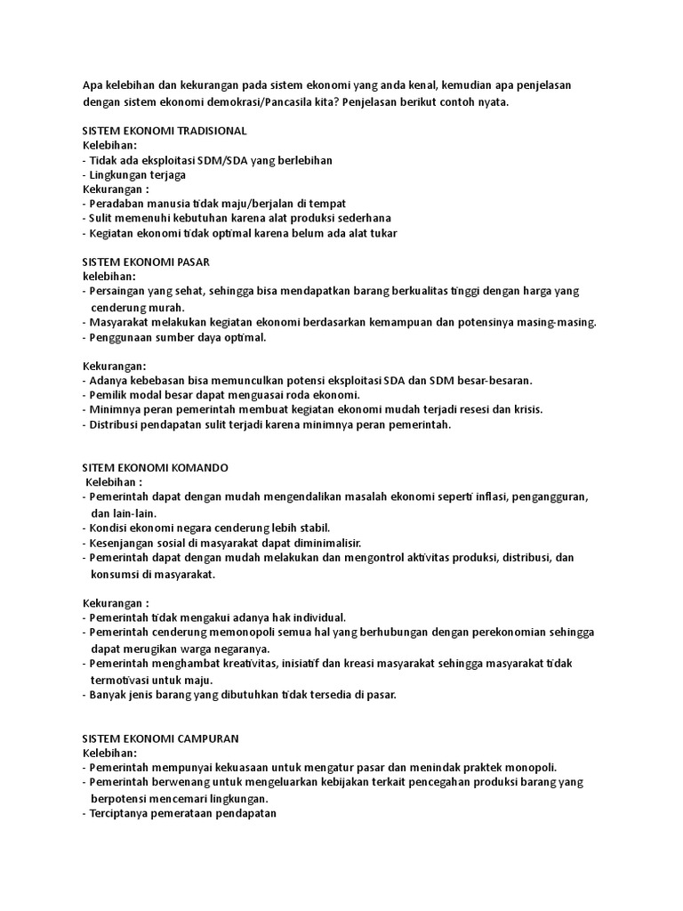 Apa Kelebihan Dan Kekurangan Pada Sistem Ekonomi Pdf