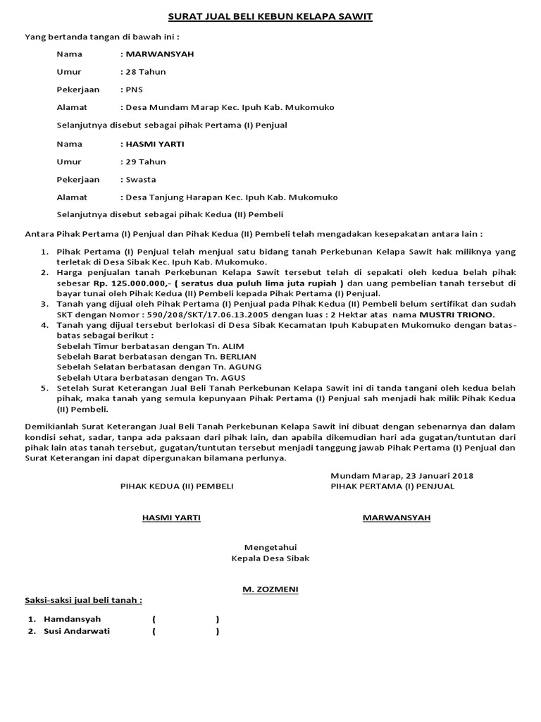 Surat Jual Beli Kebun Kelapa Sawit Docx