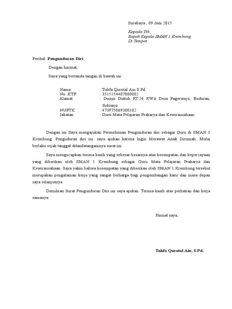Contoh Surat Pengunduran Diri Karyawan