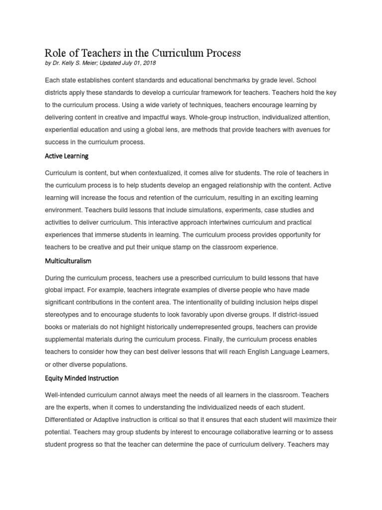 Role Of Teachers In The Curriculum Process Pdf Curriculum Teachers