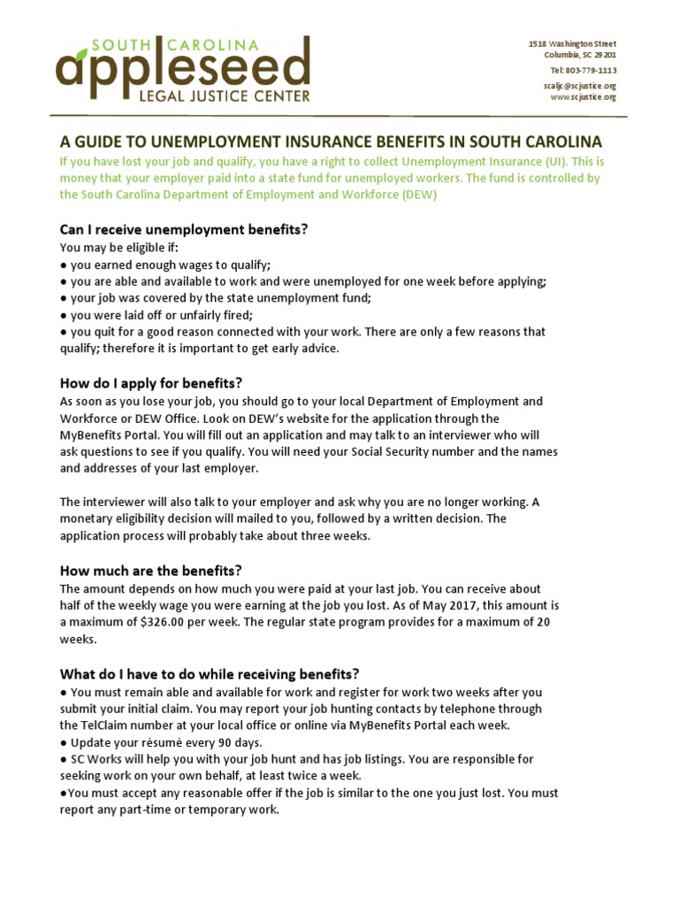 A Guide To Unemployment Benefits in SC PDF Unemployment Benefits
