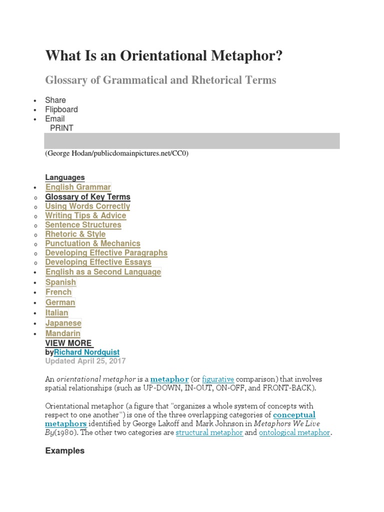 What Is An Orientational Metaphor? Glossary of Grammatical and