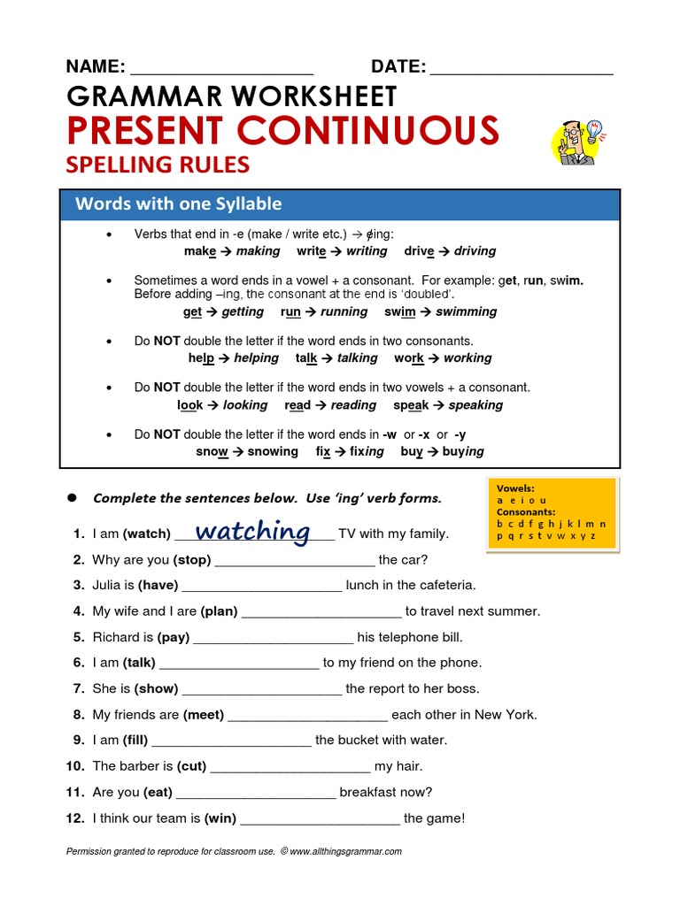 Present Continuous: Grammar Worksheet | PDF | Consonant | Syntax