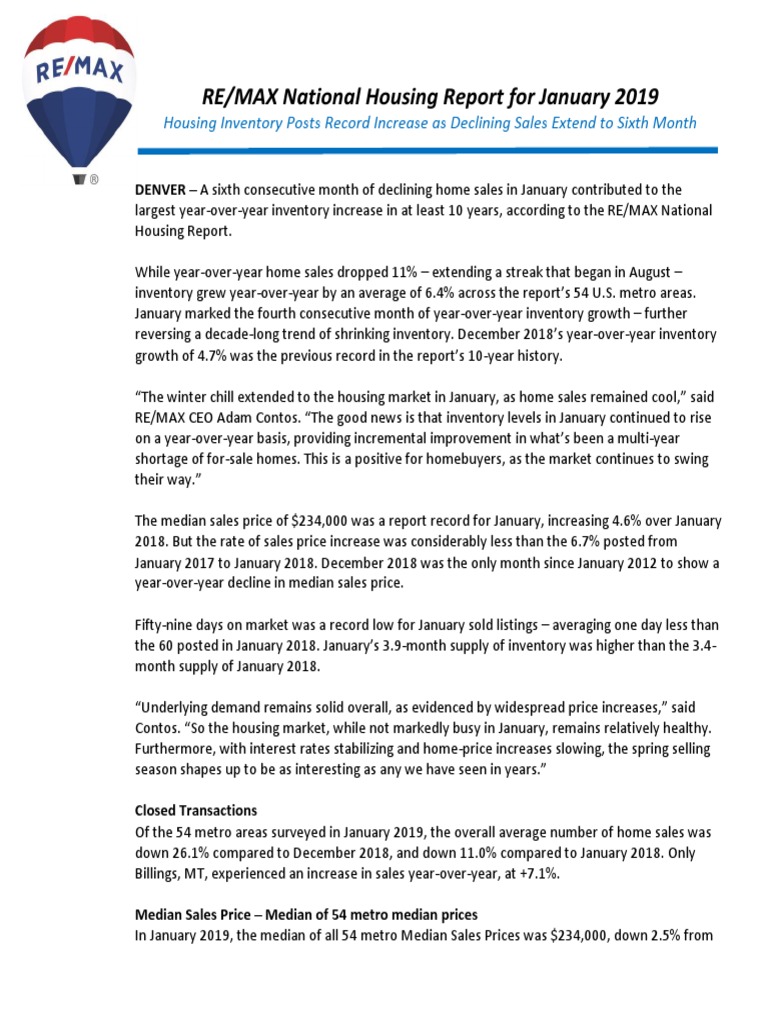 Remax National Housing Report For January 2019 | PDF | Economies | Business