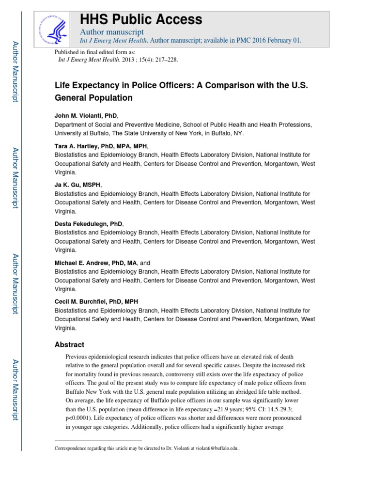 HHS Public Access: Life Expectancy in Police Officers: A Comparison ...