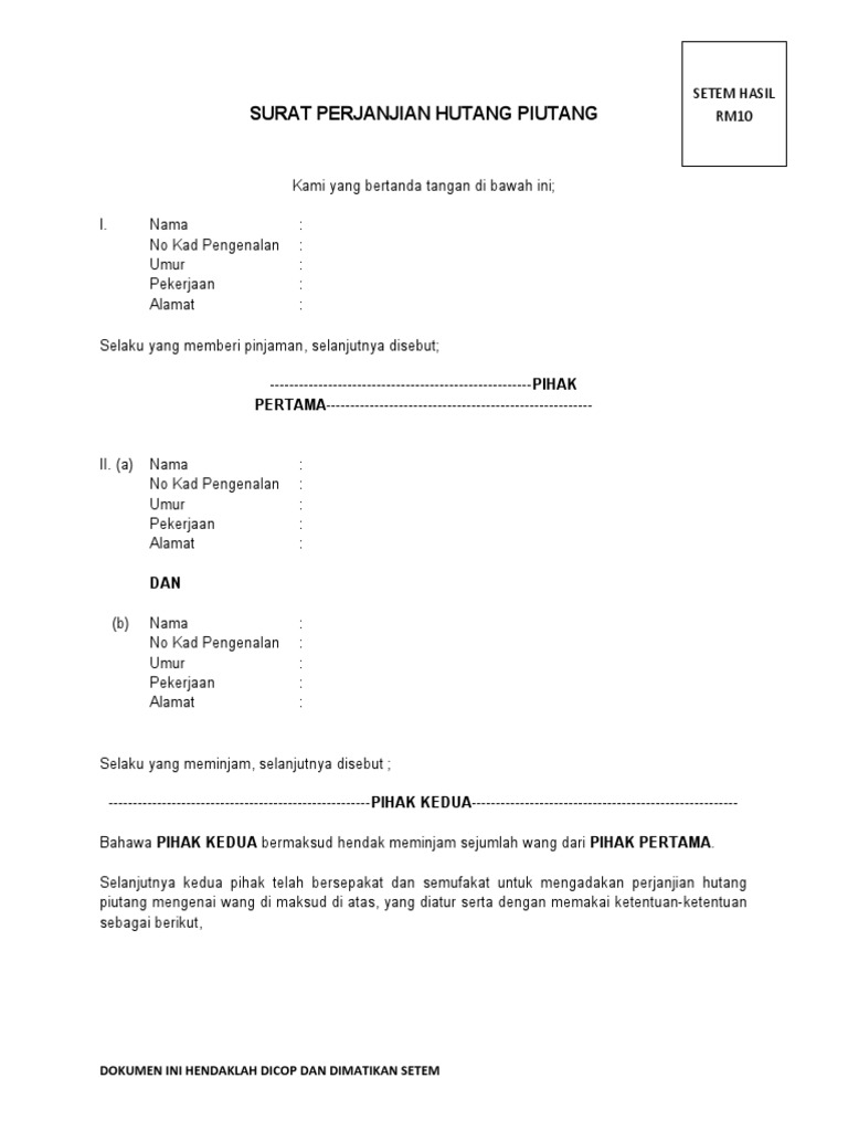 Surat Perjanjian Hutang Piutang Pdf