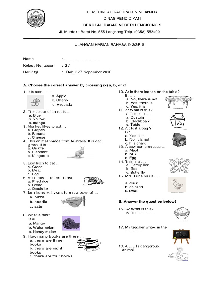 Soal Ulangan Harian Bahasa Inggris Kelas 2 Cuisine Food And Drink