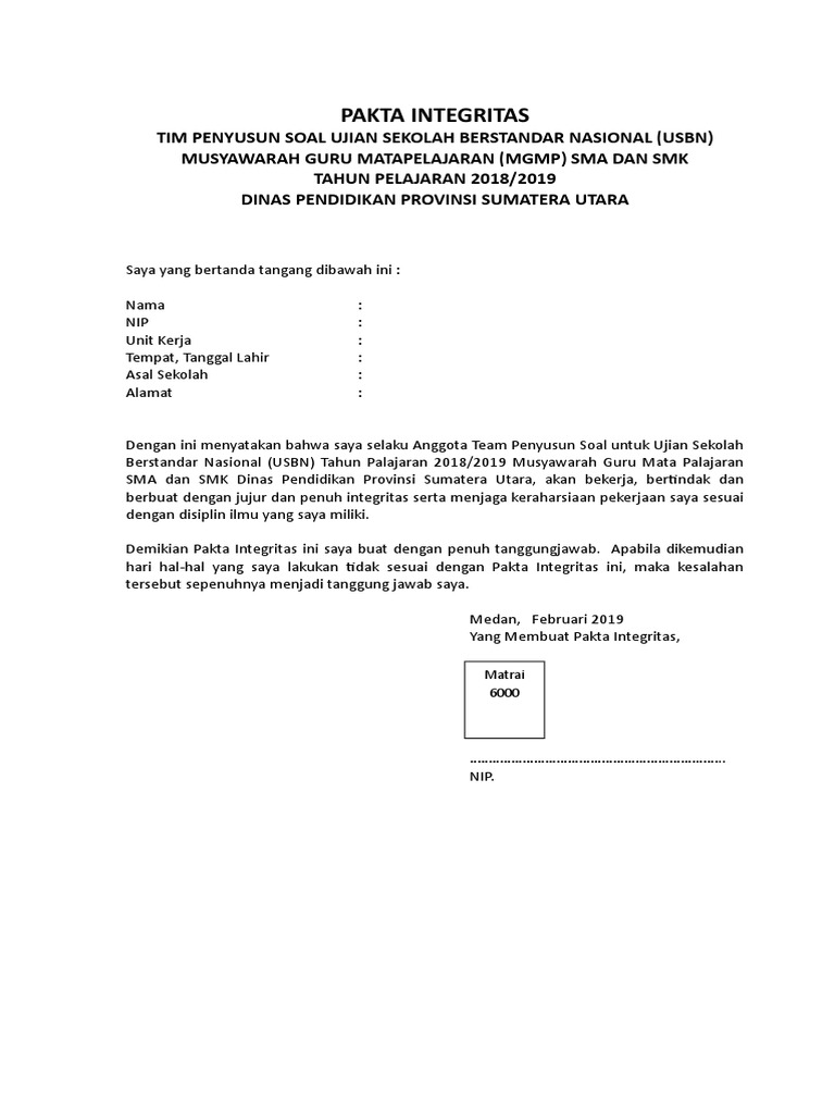 Pakta integritas pengawas unbk 2019 pdf