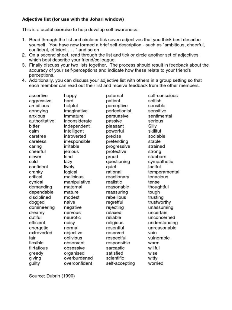 Johari Window Adjective List | PDF | Psychological Concepts | Psychology