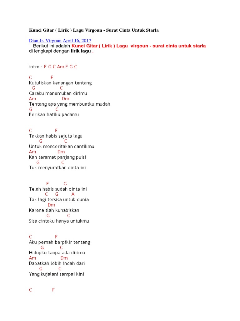 Chord Surat Cinta Untuk Starla Kutuliskan Kenangan Tentang Caraku Menemukan Dirimu Tentang Apa Yang Membuatku Telah Habis Sudah Cinta In Surat Cinta Lagu Surat