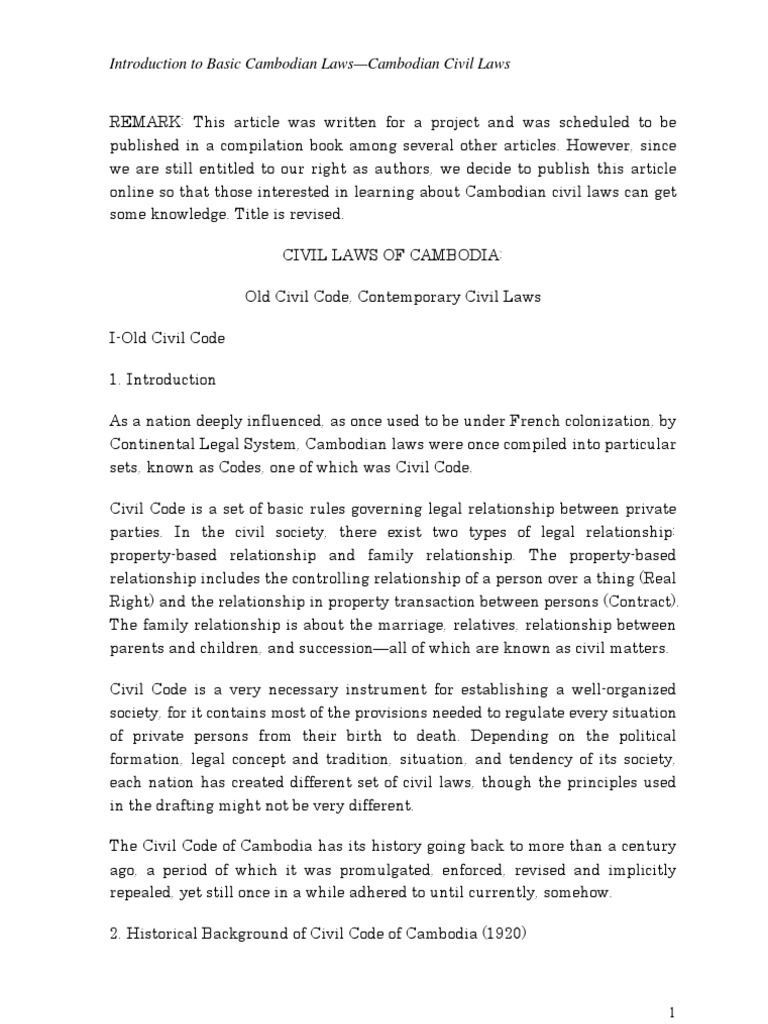 Introduction to Cambodian Civil LawCivil Code Tort Marriage