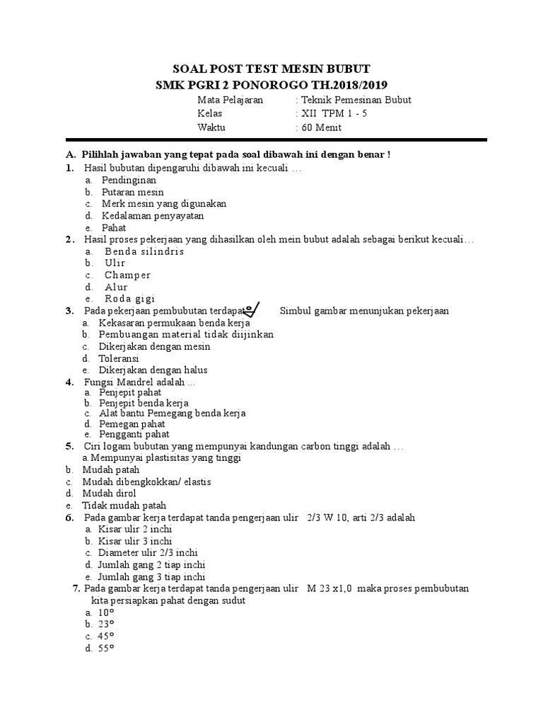 Soal Teknik Pemesinan Bubut Kelas 11 Masnurul