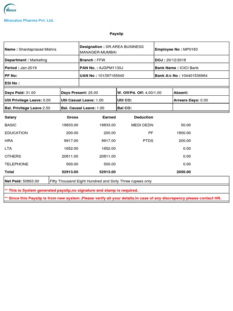 PaySlip of January PDF Business