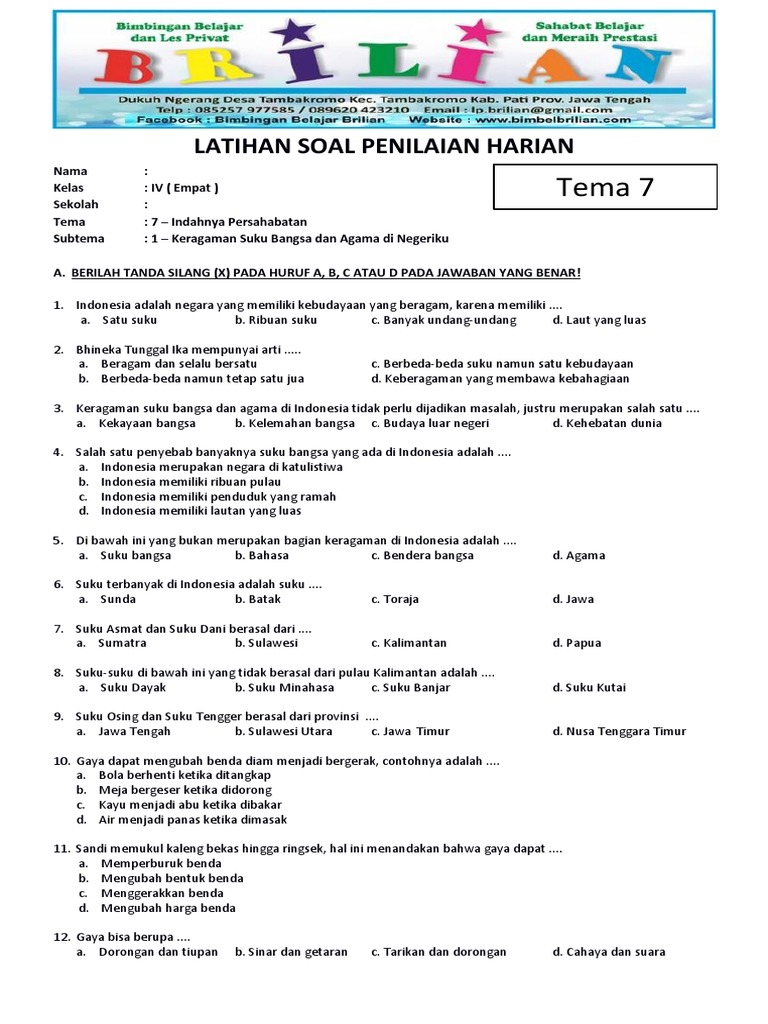 Soal Tematik Kelas 4 Sd Tema 7 Subtema 1 Keragaman Suku Bangsa Dan Agama Di Negeriku Www Bimbelbrilian Com