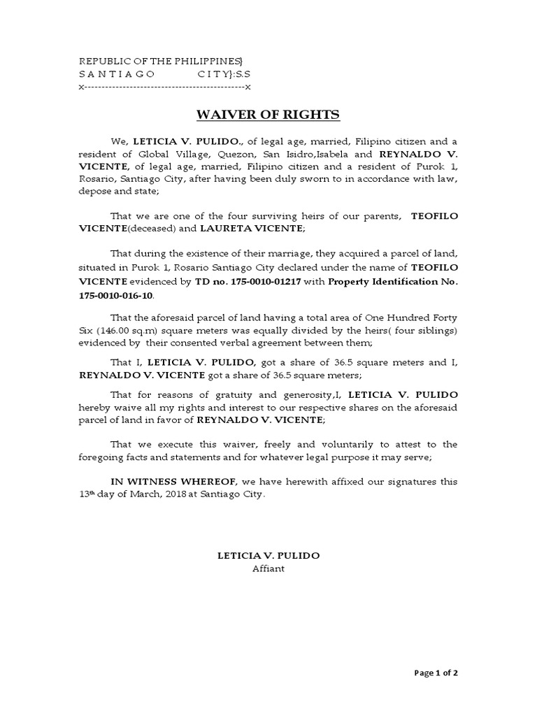 Affidavit of Waiver of Rights - Vicente | PDF | Affidavit | Public Law