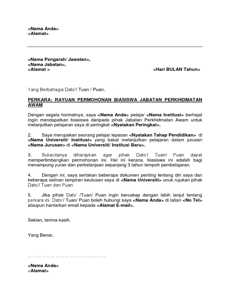 Surat Rasmi Memohon Biasiswa Pdf