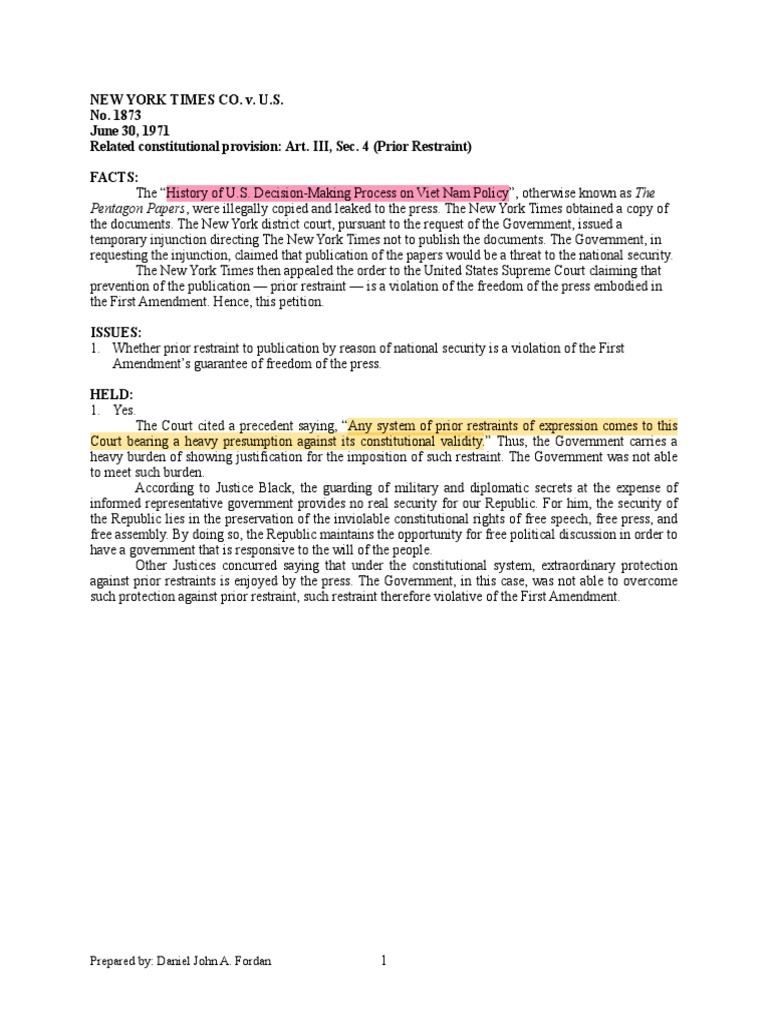 New York Times Co. V. U.S. No. 1873 June 30, 1971 Related