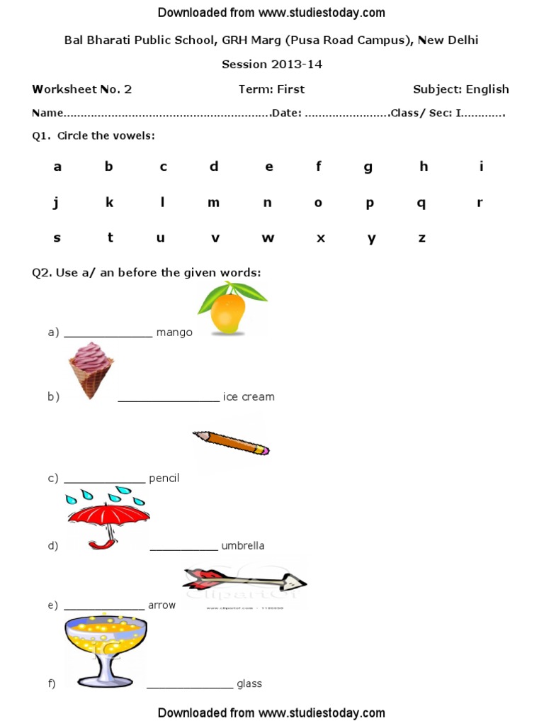CBSE Class 1 English Worksheet PDF