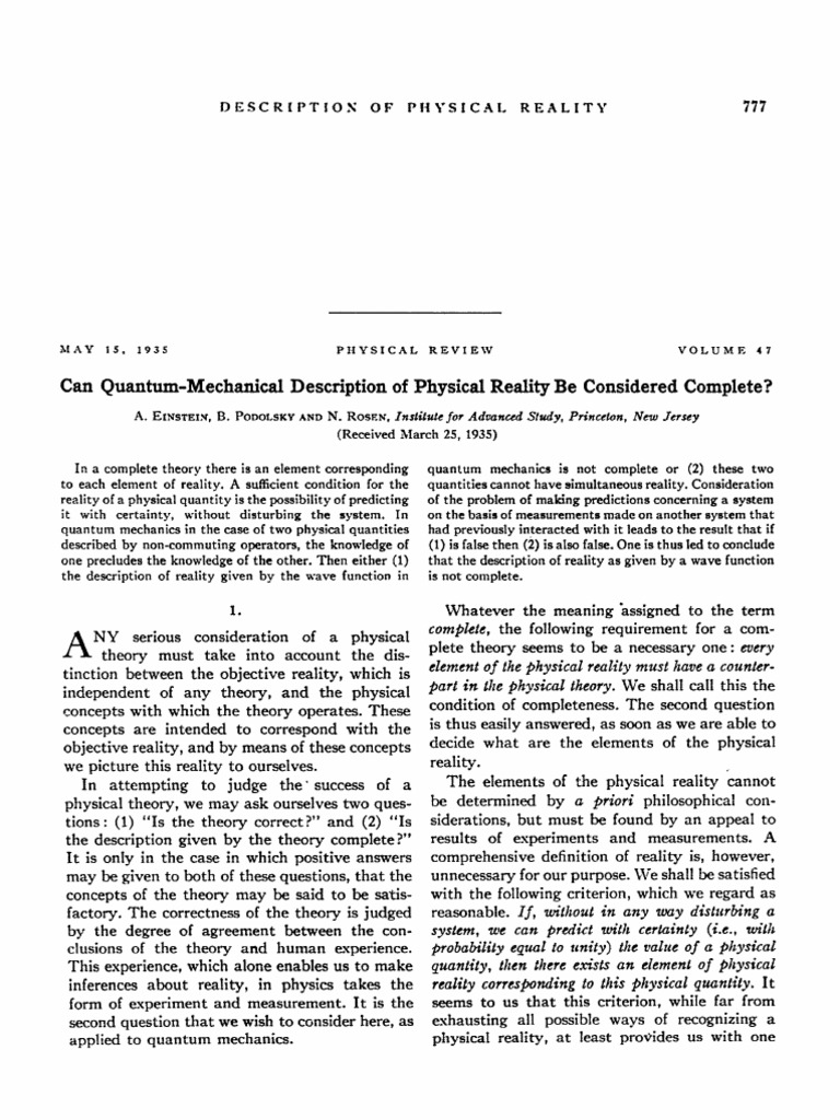 Einstein Podolsky Rosen - Can Quantum-Mechanical Description of ...