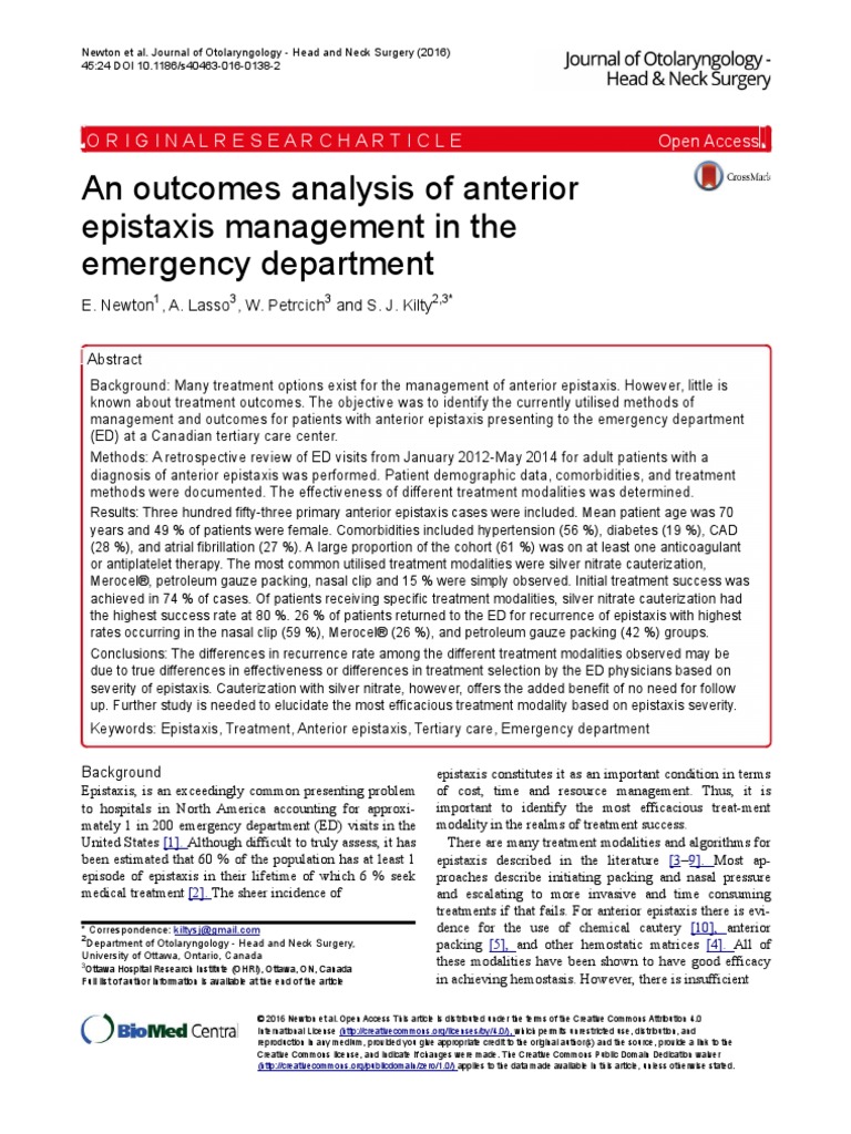 An Outcomes Analysis of Anterior Epistaxis Management in The Emergency ...