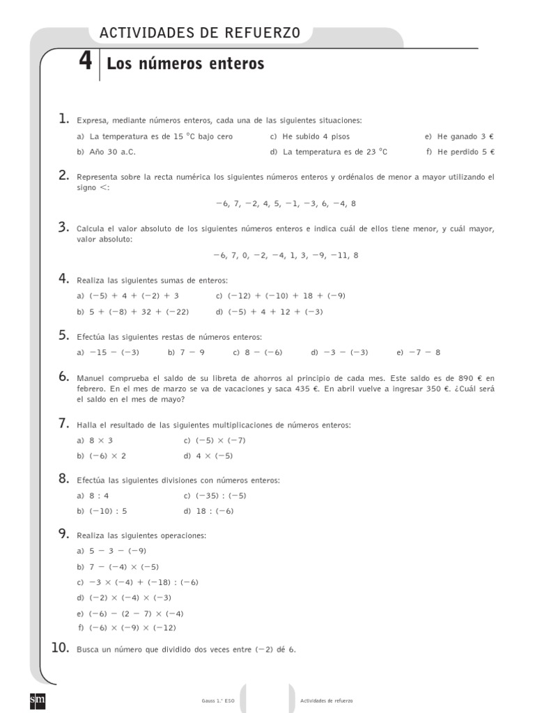 Ejercicios sobre Números Enteros | PDF | Entero | Enseñanza de matemática
